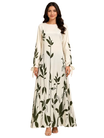 Gown Off White Nida Fabric no Transparency A-LINE Leaf Print Dress Tie-Cuff Long Sleeve Balloon Sleeve Pattern-image-21