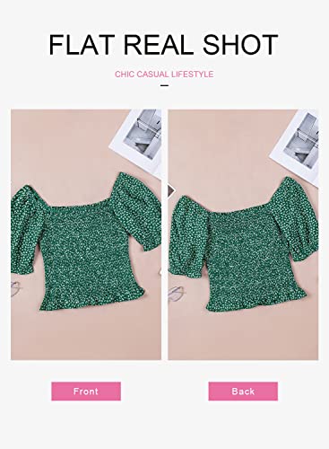 Evaless Womens Tops Off Shoulder Blouses Short Sleeve Clothes For Women Fashion 2023 Spring Summer Vintage Floral Square Neck Elegant Ladies Green Tops And Blouses For Women Business Casual, X-Large #TOP6