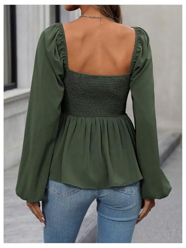 Floerns Women's Bishop Long Sleeve Ruched Square Neck Ruffle Hem Peplum Blouse Top2