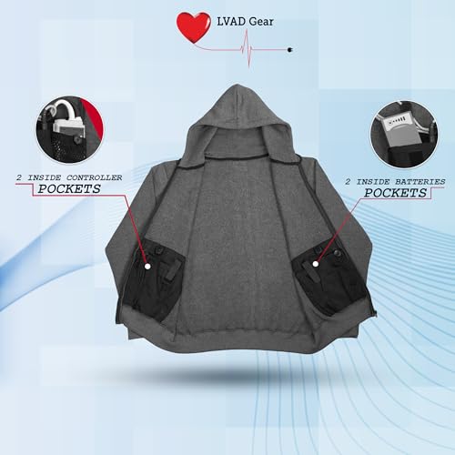 LVAD Full-Zip Hoodie for Men HeartMate 2 & 3 with Secure Device Pockets, Durable Fleece Fabric, YKK Zipper & Comfortable Fit (Grey, XL)