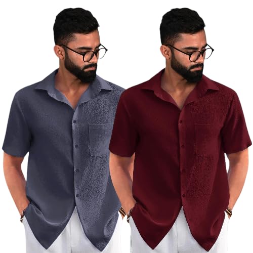 Pinkmint Men Cotton Shirt Casual Shirt Stylish Textur Regular Fit Solid Slim Popcorn style