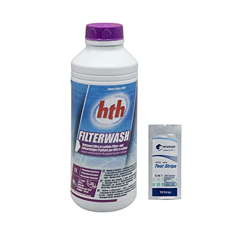 HTH FILTERWASH Liquide teinté - 1L | Nettoyant Filtre et Cellule Electrolyse + 10 Tests HPS OFFERTS 6 en 1