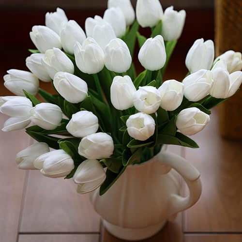 Image of 20 PCS Tulips Artificial Flowers, Real Touch Fake Flowers, White Artificial Tulips That Look Real Wedding Decorations Mother's Day Easter Gifts (20, White)