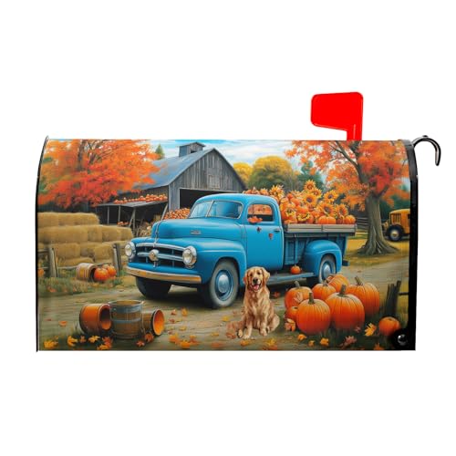 Image of Fall Truck Mailbox Cover Magnetic 25.5 inchx21 inch Autumn Maple Tree Leaf Pumpkins Sunflower Farm Puppy Mailbox Wrap Post Cover Large Size Waterproof for Garden Yard Outdoor Outside Decor
