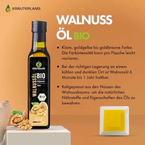 Kräuterland Bio Walnussöl 2X250ml (500ml), Bio Walnusskern, kaltgepresst, naturrein ohne Zusatzstoffe, Vegan & GVO-frei, Premium Qualität