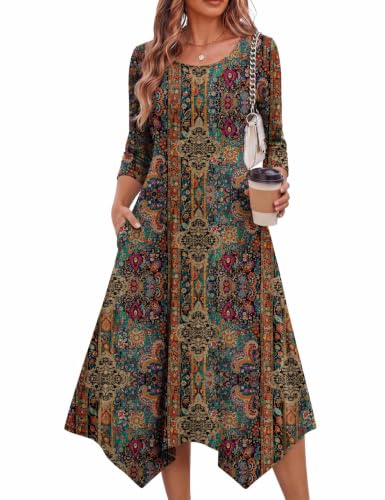 Image of Zeagoo Midi Dresses Women 2026 Dress 3 /4 Sleeve Casual Dresses with Pockets A Line Summer Beach Sundress