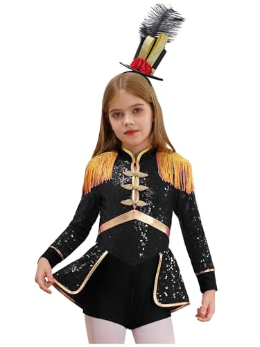 Alvivi Kids Girls Circus Ringmaster Costume Majorette Marching Band Uniform Fancy Dress Outfits with Headwear Black A 6 Years