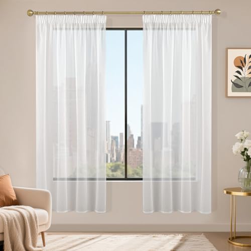 Runyéla Lot de 2 Rideau Voilage Fenetre Blanc 140x175 cm(LxH) avec Galon Fronceur, Transparent Moderne Rideaux et Draperies Décorations Intérieurs Cuisine...