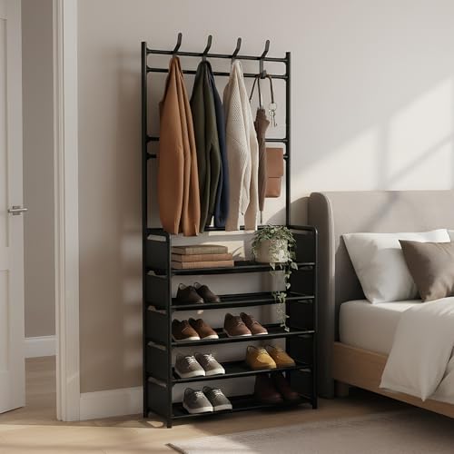 MAXALANCE Coat Rack with Shoe Rack 5 Tiers 169 cm - Shoe Storage Organizer with Hooks, Coat Stand for Hallway, Freestanding Shoe Shelf for Entryway Small Space, Black - Image 8