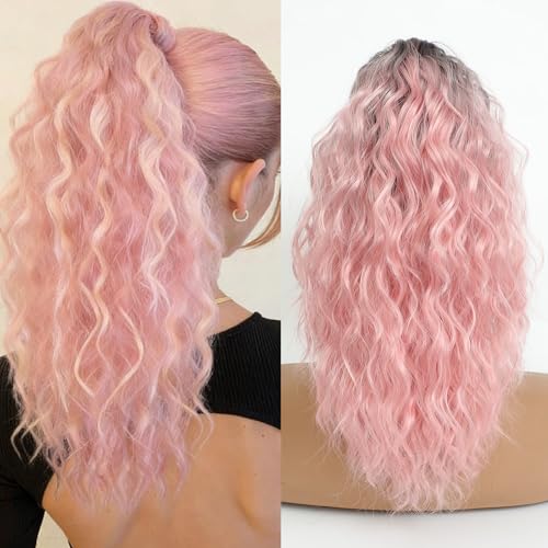Image of Claw Clip Ponytail Extension 16In Long Wavy Curly Hair,Ombre Pink