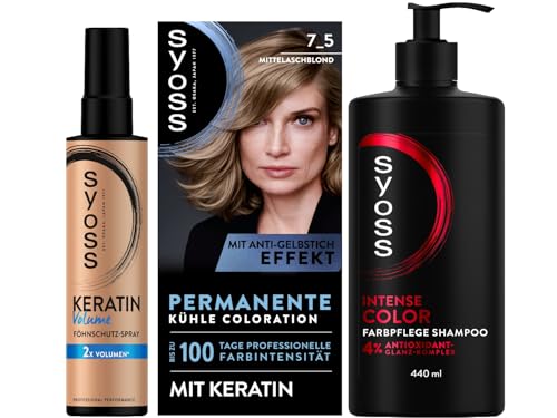 SYOSS Coloration 7_5 Mittelaschblond (115 ml), 100% Grauabdeckung & Volumen Föhnschutz-Spray (200 ml), Hitzeschutz bis zu 230 °C, mit Keratin & Gliss Shampoo Colour Perfector (250 ml)