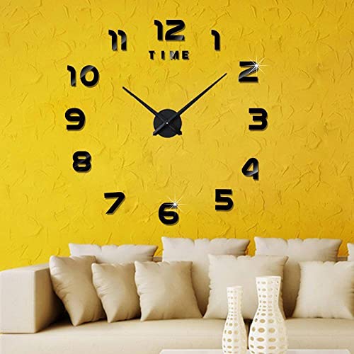 LW Collection Horloge Murale 3D Noir 60 à 120 cm - Grande Horloge Autocollante - Horloge Autocollante - Horloge Autocollant 3D - Mouvement Silencieux - Horloge Silencieuse