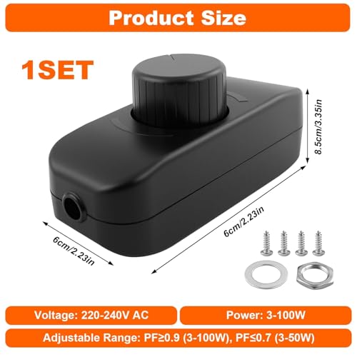 Inline LED Dimmer Switch 1 Gang, 220V-240V Trailing Edge Dimmer, Rotary Control ON/OFF Dimmer Switch Rated 3-100W for Dimmable Light Table Lamp Incandescent Halogen Bulbs Pendant (Black) - Image 3