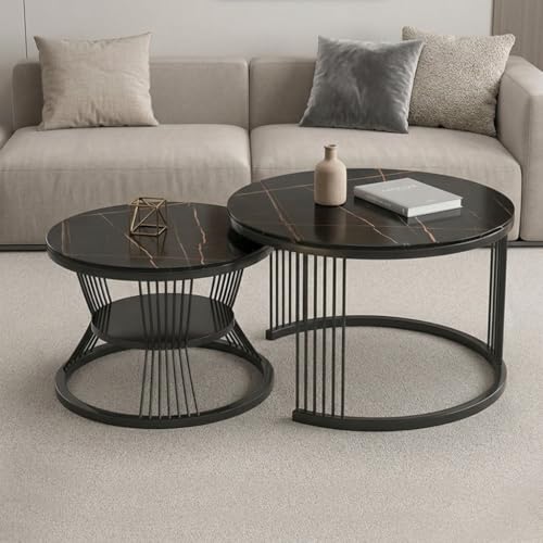 Image of Coffee Table, 20 inch Round Coffee Table Set of 2, Wooden Nesting Table with Metal Frame, Center Tables for Living Room Bedroom Balcony Bedside Table Full Black