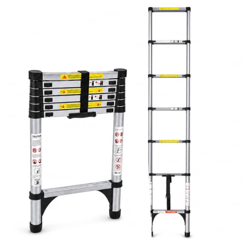 Image of HOUZA 2.7m (8 ft) Steel Telescopic Ladder | 7-Step Foldable Extension Ladder | Portable & Collapsible Ladder for Home, Industrial & Outdoor Use | EN131 Certified | 1 Year Warranty(Silver & Black)