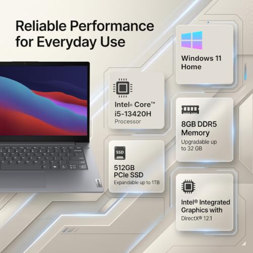 Image of Lenovo V14, Intel Core i5-13420H, 8GB RAM, 512GB SSD, FHD 14 inch (35.56cm), Windows 11 Home, Luna Grey, 1.37Kg, 83GUA052IG, 250 Nits, 1Y Onsite Warranty, Laptop