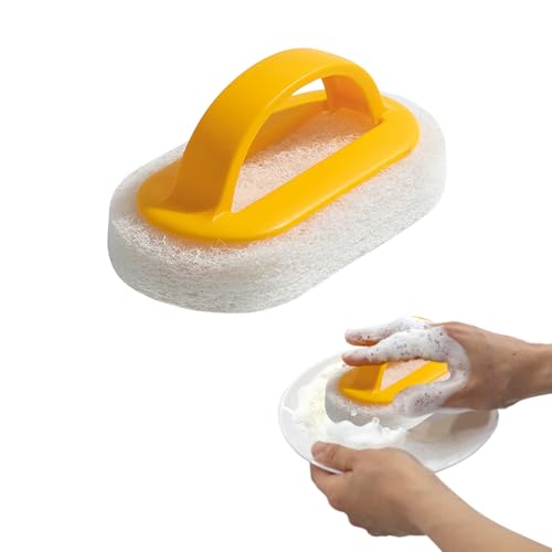 Paquete de 4 estropajos con mango, cepillo de fregar fuerte, esponja de limpieza reutilizable con mango para azulejos de ducha, bañera, fregadero (amarillo)