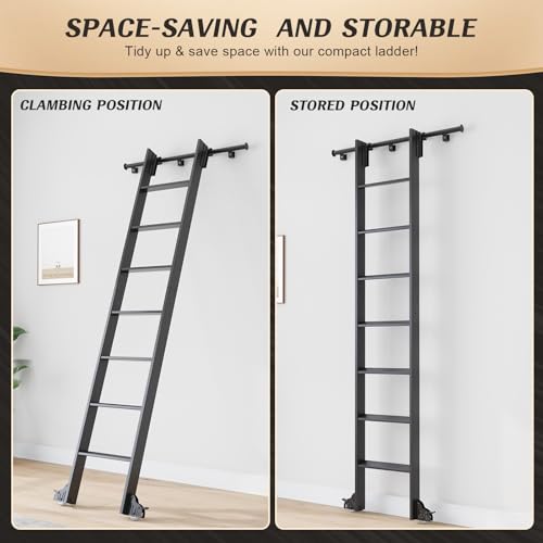 Image of Fredbeck 8ft Rolling Library Ladders Black 96 inch with 4FT Sliding Track Kit | Rolling rollers,Bottom Wheel Included,for Kitchen,Loft,Warehouses,Bookstore,Atti,Dressing Room,Metal