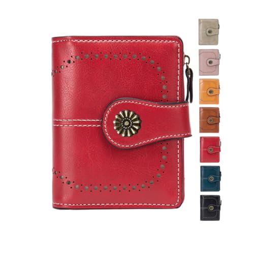 Carteira feminina dobrável de couro com bloqueio de RFID, porta-cartões compacta com bolso para moedas com zíper, Vermelho, Carteira feminina de couro