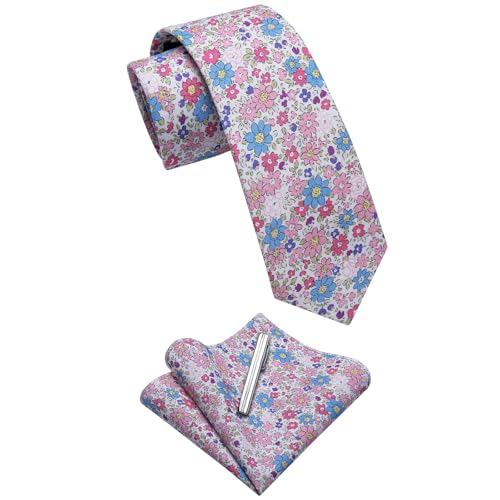 Image of YourTies Cotton Floral Tie for Men 2.5 inch Printed Skinny Necktie Pocket Square Tie Clip Set Flower Wedding Party Groom