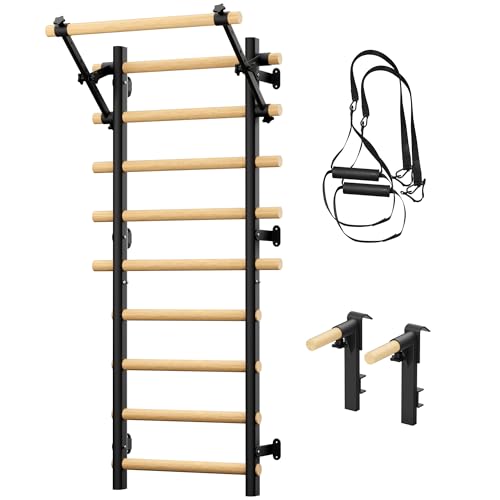 Cofiyard Swedish Ladder Wall Gym, Wooden Wall-Mounted Stall Bars with Pull-up Bar & Exercise Straps & Dip Bars, Stretching Ladder Full Body Home Gym for Adults