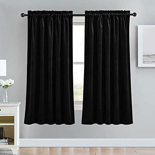 Image of RYB HOME Black Velvet Curtains 63 inches Long - Super Soft Light Heat Block Blackout Small Window Treatment Panels for Bedroom Living Room Dining Backdrop, W 52 x L 63 inch, 2 Panels