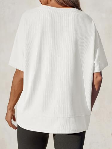 Tankaneo Womens Oversized Knit Tunic Tops Summer Casual Short Sleeve Round Neck T Shirt Loose Fit Side Split Waffle Tees4
