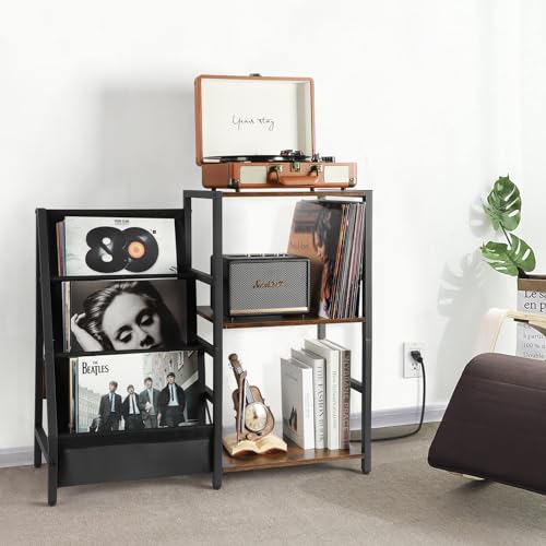 Bikoney Record Player Stand with Power Outlet, Turntable Stand with 3-Tier Vinyl Record Storage, Record Player Table Up to 200 Albums, Records Shelf, Vinyl Record Holder Cabinet for Living Room