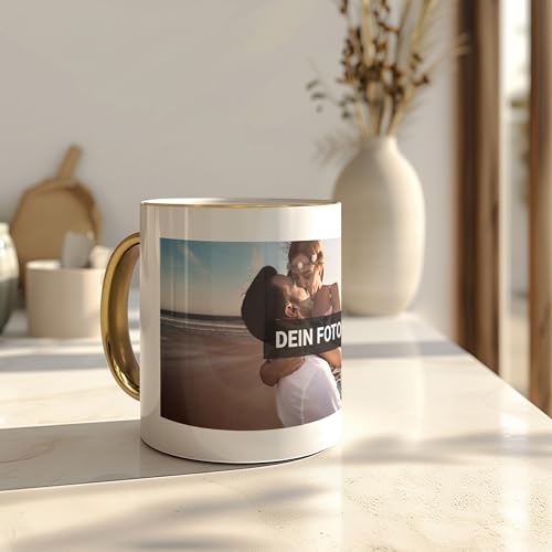 PhotoFancy® - Tasse mit Foto bedrucken lassen - Fototasse personalisieren – Kaffeebecher zum selbst gestalten (Gold)