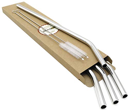 Gfdesign Big Drinking Straws Reusable 12 Inches Extra Long 9Mm Extra Wide Sus 304 Food-Grade 18/8 Stainless Steel - Set Of 4 With 2 Cleaning Brushes - Bent #TOP6