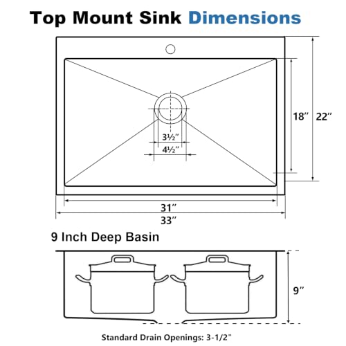 Image of SHACO 33x22 Black Drop In Kitchen Sink, 33 Inch Topmount Gunmetal Black Stainless Steel Single Bowl Overmount Double Ledges Workstation Sink with Accessories