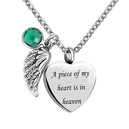 Infinite Memories Angel Wing Love Heart Crystal Urn Necklace for Ashes Pendant MAY Birthstones, A Piece Of My Heart Is In Heaven