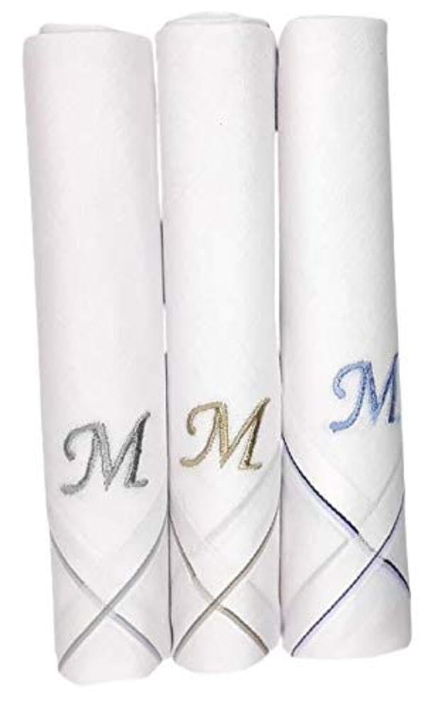 Men's Fine Cotton (White) Embroidered Initial Handkerchief (Pack of 3) (Size 48 cms * 48 cms) - (A-Z)