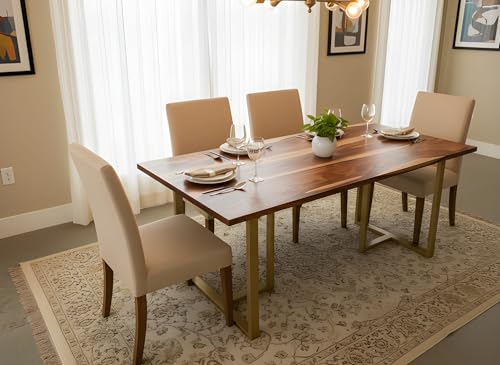Image of REDWOOD Wooden 6 Seater Dining Table Only | 69x24 Inch Rectangular Dinner Table Without Chairs for Home, Office, Hotel & Restaurant | Natural Finish, Industrial Metal T-Shape Golden Legs