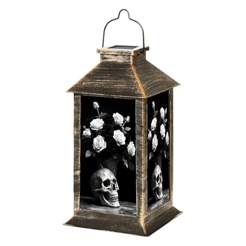 Solar Lantern Outdoor Garden Hanging Lantern Dark Victorian Gothic Creepy Dark Moody Human Skull Vase Waterproof Solar Powered Lighting Outside Table Lamp for Patio Deck Yard Camping