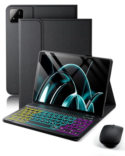 für Xiaomi Pad 7 / 7 Pro (2024) Xiaomi Pad 8 / 8 Pro (2025) 11.2 Zoll Hülle mit Kabelloses Bluetooth Beleuchtete Farbige Deutsch Tastatur (QWERTZ) und Maus Magnetisch Abnehmbar Backlit Keyboard Case