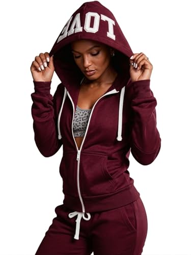 Mlgaril Burgundy 2 Piece Sets for Women'S Sweatsuits Jogger Set Tracksuit Sweat Set Outfits for Long Sleeve Zip Up Hoodie Jogging Suit,L