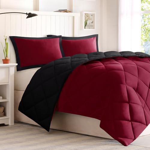Image of Madison Park Comforter Set, Reversible Down Alternative All Season Microfiber Bedding, 3M Scotchgard Stain Release, King /Cal King Dorm Comforter, Red /Black