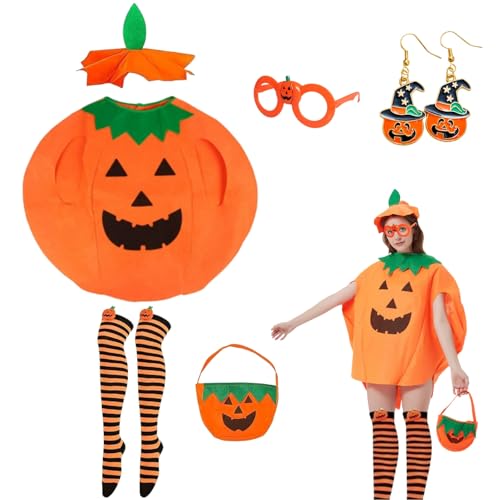 Ryfpdml 6 PCS Halloween Pumpkin Costume Adults Women Pumpkin Adults Fancy Dress Womens Halloween Outfits with Pumpkin hat Socks Hand Bag Glasses Earrings (C)
