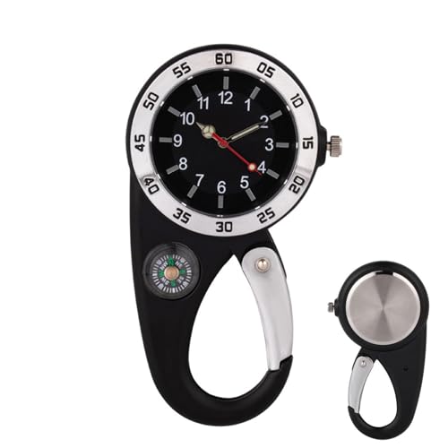 Duroecsain Reloj de mosquetón – Clip para reloj de mochila, pequeño reloj de cuarzo de senderismo con brújula y números impermeables para montañism