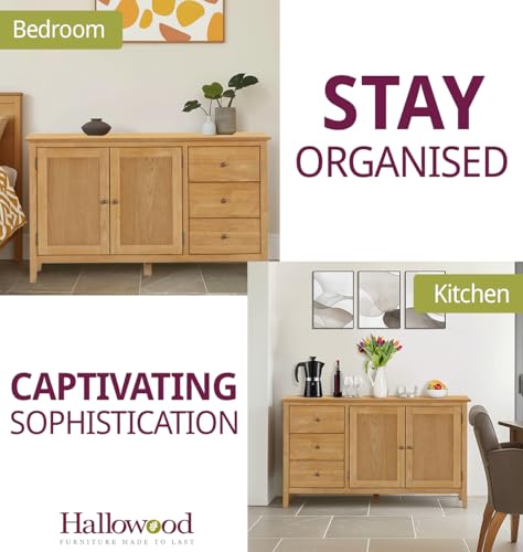 Hallowood Furniture Aston Large Sideboard Cabinet With Cupboard, 3-Drawer Wooden Sideboard Storage Cabinet, Ready-Assembled Light Oak Sideboards For Living Room, Kitchen Or Bedroom - 6