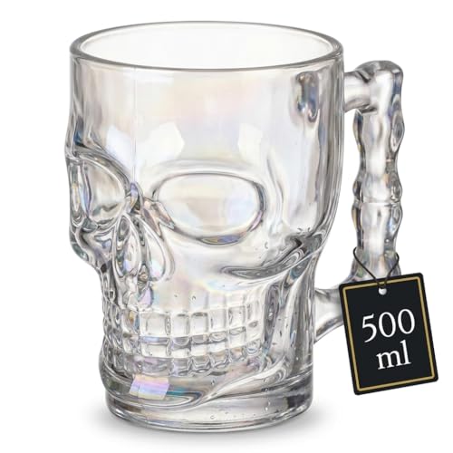 Verre à bière avec anse - Motif tête de mort - Pour environ 500 ml - Environ 9,3 x 7 x 12,5 cm