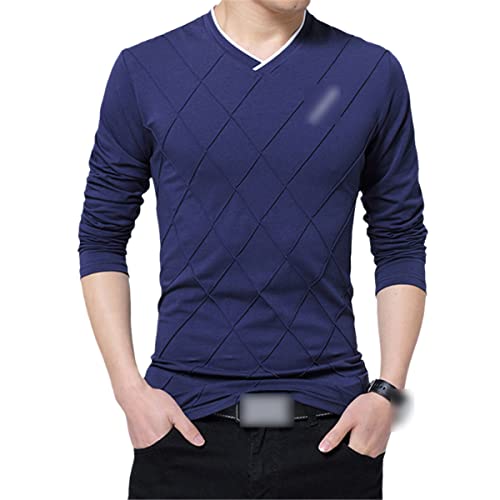 T-shirt col en V fin bleu plissé mode masculine grande taille 4XL