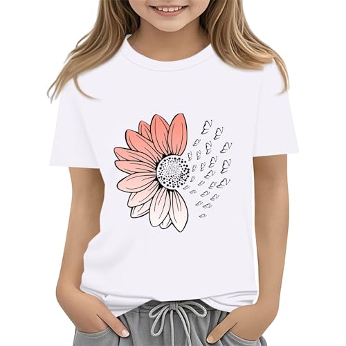 Girls Loose Fit Sunflower Graphic T Shirts Short Sleeve Crewneck Cute Pattern Printed Tops Kids (B-White, 12-13 Years)