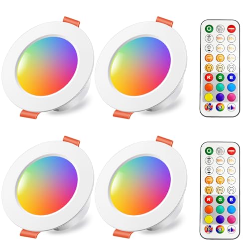 iLC Foco Empotrable LED 8W (equivalente a 60W), Colores RGBW Cambio de Color 2700K Blanco Cálido Downlight Plafón Luz de Techo RGB Regulable casquillo fino mando Incluido Plano Redondo (4 unidades)