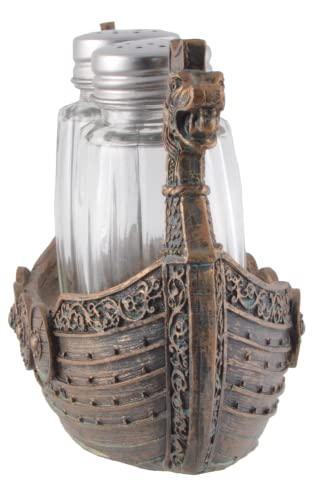 Drakar Nordic Salt and Pepper Shakers - Viking Ship with Glass Shakers, Bronze, LxBxH: 15x6x9cm - Image 3