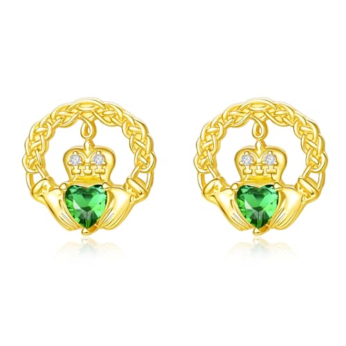 TANGPOET Claddagh Stud Earrings for Women Gold Plated Sterling Silver Irish Claddagh Earrings Jewelry With Emerald Green Heart Stone Gifts for Bithday Mothers Day Christmas