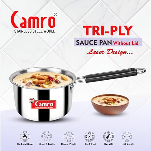 Image of Camro Tripro Triply Artisian (10 No, 1 Liters) Tea Pan MilkPan Saucier Cooking Pot for Chai Boil Warm Herb-Spice-Infusion, Heat Resist Handle, Induction Friendly & Gas Ready 6-Year Warranty