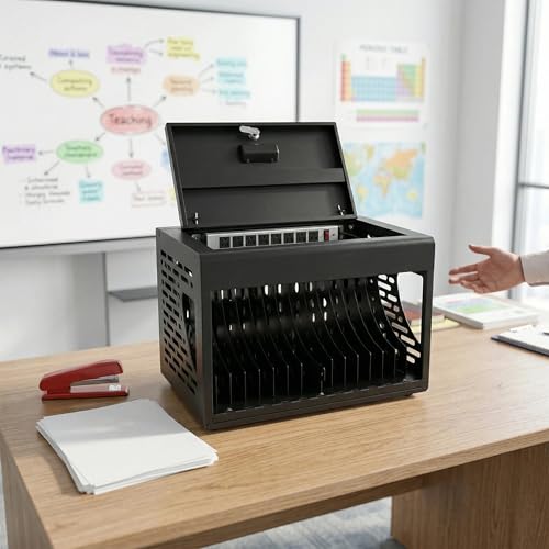 Image of 16 Unit Laptop Charging Station, Locking Charging Cabinet with Interior Steel Dividers & Power Strip, Metal Charging Organizer with Dual Installation Options for Classroom & Office, Black