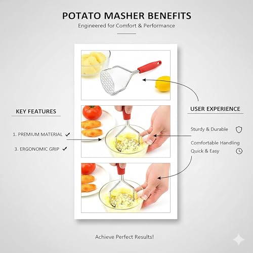 Image of YANCI Potato Masher, Stainless Steel Ricer Kitchen Gadget with Non-Slip Handle, Masher Utensil for Mashed Pav Bhaji, Vegetables, Fruits & Baby Food, Red, Pack of 1